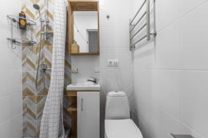 a bathroom with a toilet and a sink and a mirror at FREEDOM Loft Rooms Vnukovo in Vnukovo