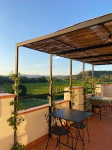 un patio con mesas y sillas y vistas. en Hotel Rural Mas de l'Illa en Tivissa