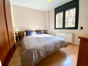 ein Schlafzimmer mit einem Bett mit blauen Kissen und einem Fenster in der Unterkunft Solana del Tarter 333 in El Tarter