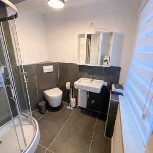 a bathroom with a toilet and a sink and a shower at Fernweh Harz in Seesen