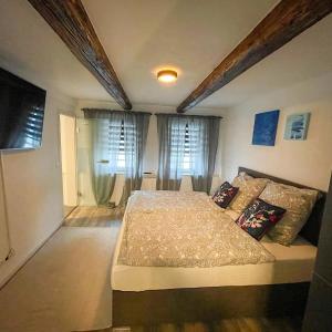 a bedroom with a large bed in a room with windows at Fernweh Harz in Seesen