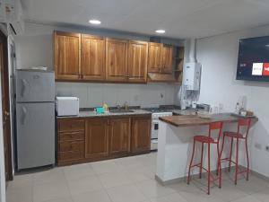a kitchen with wooden cabinets and a white refrigerator at Suipacha in Mendoza