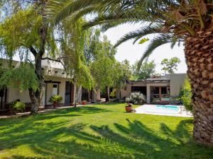 a backyard with a palm tree and a house at Casona en Bodega Centenaria in Guaymallen