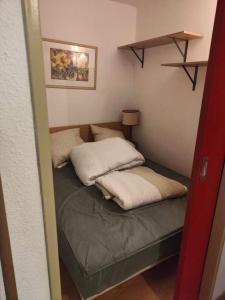 ein Bett mit zwei Kissen auf einem Zimmer in der Unterkunft Saint-Sorlin D'Arves 4-6 personnes pied des pistes 310km de pistes tous niveaux in Saint-Sorlin-dʼArves