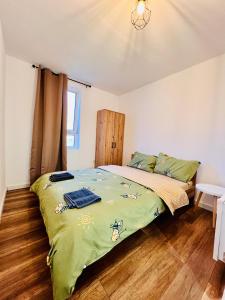 a bedroom with a bed with a green comforter at Master Adventure Guest House in Vadul lui Carol II