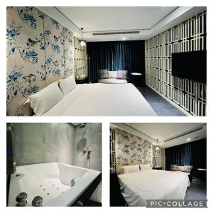 2 fotos de un dormitorio con cama y bañera en Formosa Motel & Inn en Changhua City