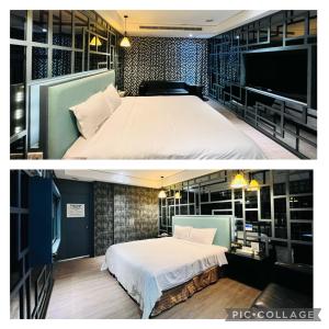 two pictures of a bedroom with a bed and a tv at Formosa Motel & Inn in Changhua City