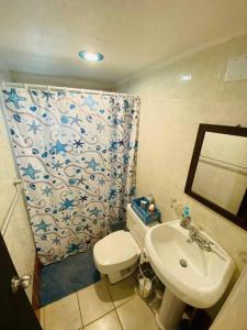 een badkamer met een wit toilet en een wastafel bij Free WIFI 1st Floor Apartment in Punta Santiago