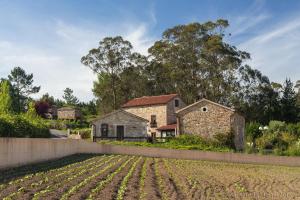 ein altes Steinhaus mit einem Feld davor in der Unterkunft Hotel Rustico Lugar Do Cotariño in Camariñas