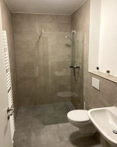 a bathroom with a shower and a toilet and a sink at Luxus Apartment II - Netflix & Gym in Reken
