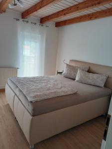 ein Schlafzimmer mit einem großen Bett in einem weißen Zimmer in der Unterkunft Fewo Höhbergblick in Tauberbischofsheim