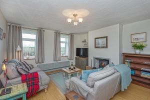 a living room with two couches and a fireplace at Llys Awel in Llangadwaladr