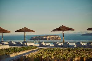 a group of chairs and umbrellas on a beach at Coco-Mat Hotel Santorini in Akrotiri