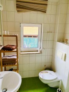 a bathroom with a toilet and a sink and a window at Ferienwohnung IRMGARD in Goseck