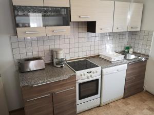a kitchen with a white stove top oven next to a sink at Haus Senna in Murau
