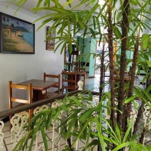 a dining room with a table and some plants at Hotel Terra Mater in Porto Seguro