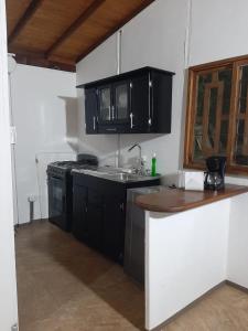 una cocina con armarios negros y fregadero en Casita familiar de campo condina, en Pereira