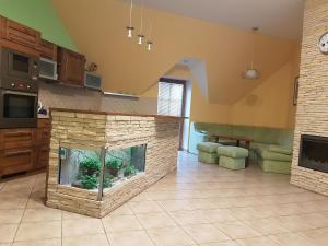 salon z kamiennym kominkiem i akwarium w obiekcie Apartmán V aleji w Sławkowie