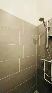コペンハーゲンにあるApartmentInCopenhagen Apartment 1314のグレータイルのバスルーム(シャワー付)