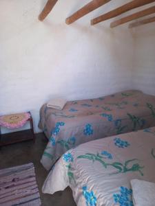 Habitación con 2 camas con flores azules. en Casa Buenavista, en San Pedro de Atacama