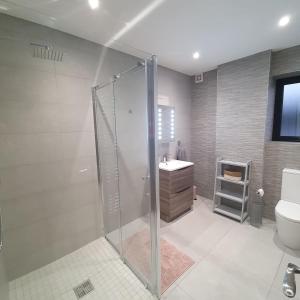 a bathroom with a shower and a toilet and a sink at Milltate House Apartments in Irvinestown