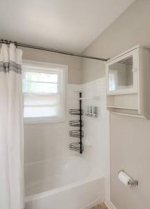 a bathroom with a shower curtain and a window at Charming 2 BR 1 BA with outdoor patio and grill close to downtown in Lexington +19 photos