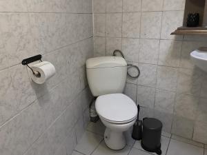 uma casa de banho com um WC branco e um lavatório. em Chambre privative au cœur de Liège maison d hôte chez l habitant em Liège