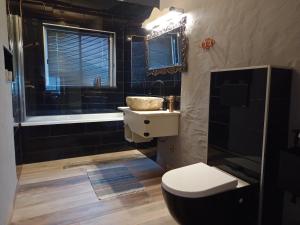 a bathroom with a toilet and a sink and a tub at Alegria rustica in Envendos