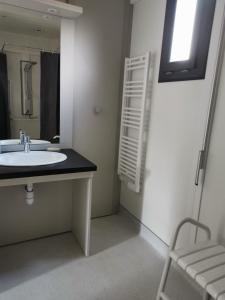 a bathroom with a sink and a mirror at Auvergne chalets Sancy in Bagnols