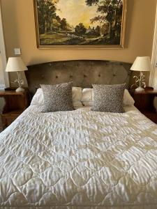 a large white bed with two pillows and a painting at The Eagle Tavern in Faringdon