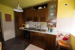 una cocina con armarios de madera y fregadero en IL MERLO CODERLO, en Scorcetoli