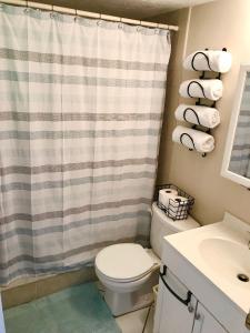 a bathroom with a shower curtain and a toilet at Beach Daze - Ocean front at Symphony Beach Club! in Ormond Beach