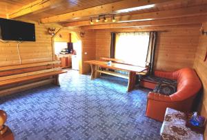 a living room with a couch and a television in a cabin at Cabanele FloriCrin - Cabana 1 in Cluj-Napoca