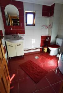 un bagno rosso e bianco con servizi igienici e lavandino di Cabanele FloriCrin - Cabana 1 a Cluj-Napoca