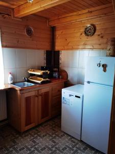 a kitchen with a white refrigerator and a sink at Cabanele FloriCrin - Cabana 1 in Cluj-Napoca