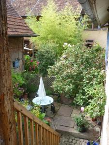 a small garden with a table and umbrella on a balcony at Les hirondelles in Wangen
