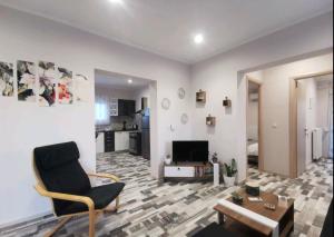 a living room with a chair and a television at V&L Sunset in Ioannina