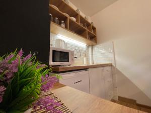 スコピエにあるMickitos Modern & Cozy Studioのキッチン(電子レンジ、紫の花のテーブル付)