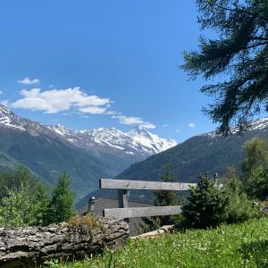 un banco en una colina con montañas en el fondo en Appartement dans chalet, en Les Collons