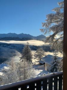 um quarto com vista para um campo coberto de neve em Appartement dans chalet em Les Collons