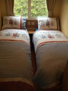 two beds sitting next to a window on a train at D19 in Aberystwyth