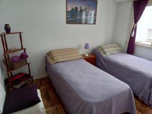 een slaapkamer met 2 bedden en een raam bij DESCANSO IDEAL III Casino, playa y shopping in Mar del Plata