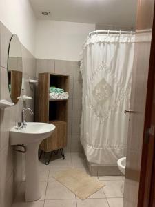 a bathroom with a sink and a shower curtain at La Casa del Arbol - Ushuaia - JUMAX Travel in Ushuaia