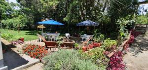 een tuin met stoelen, parasols en bloemen bij Kitnet no Sul de Minas in Soledade de Minas