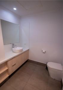 a bathroom with a sink and a toilet and a mirror at Snow Gum Apartment 2 in Baw Baw Village