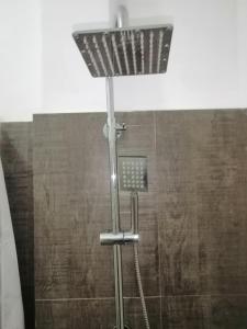 a shower with a shower head in a bathroom at Le Petit Hotel & Restaurant in Negombo