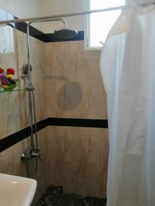 a bathroom with a shower curtain and a sink at Le Petit Hotel & Restaurant in Negombo