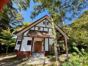 輕井澤的住宿－軽井沢メイプルチューダーハウス，树林中的白色小房子