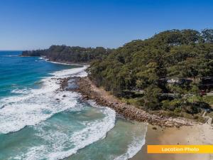 an aerial view of a beach with trees and the ocean at Seascape Macleay Street in Narrawallee
