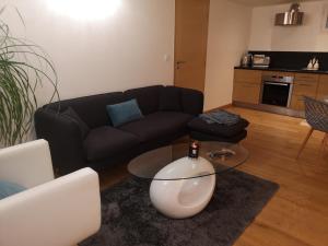 uma sala de estar com um sofá preto e uma mesa em Très bel appartement avec vue sur les montagnes em Saint-Ismier